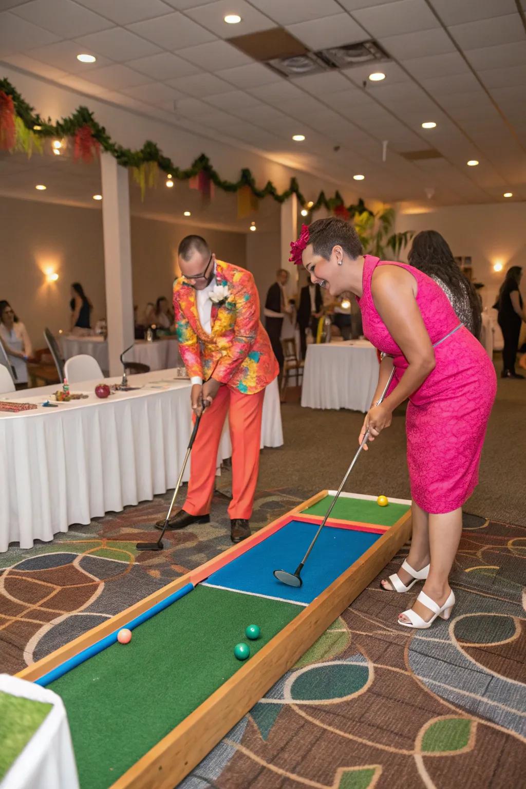 Invitees revel in a delightful round of small-golf at the wedding reception.