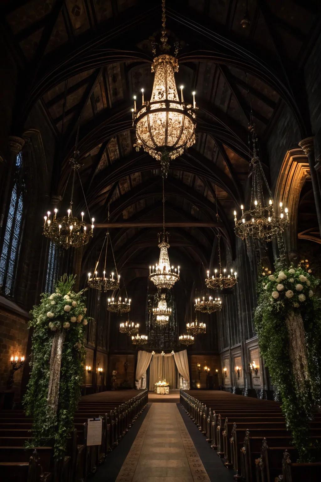 A gothic wedding venue featuring suspension lamps and dim lighting.