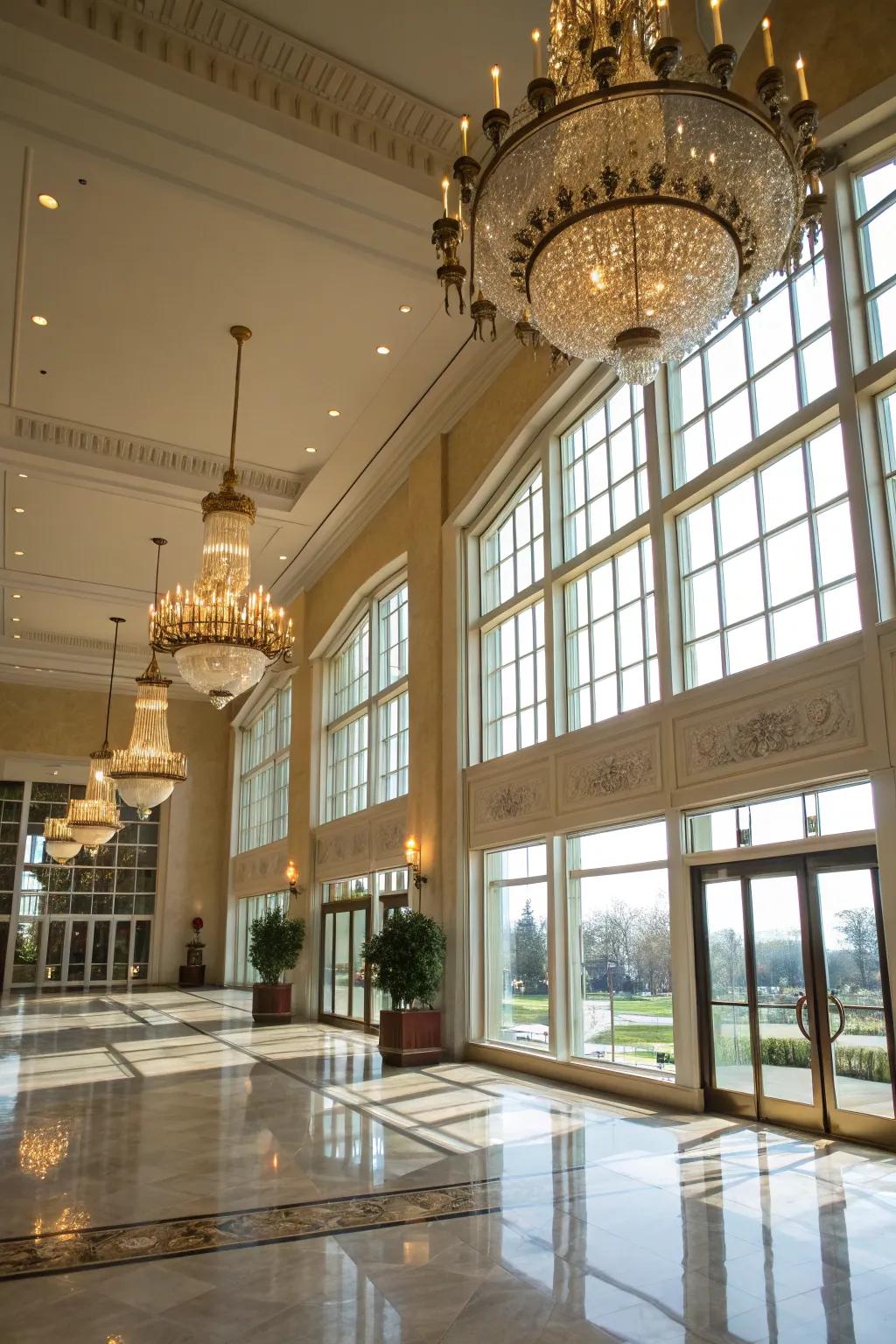 A well-lit grand foyer with a combination of natural and artificial lighting.