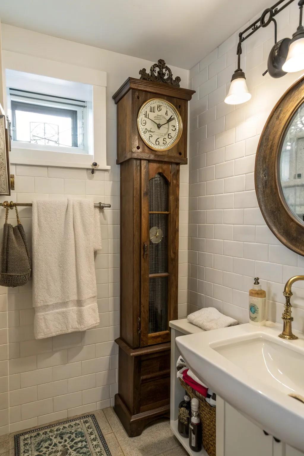 A time-honored timepiece used as a towel rack provides an element of surprise and charm in the bathroom.
