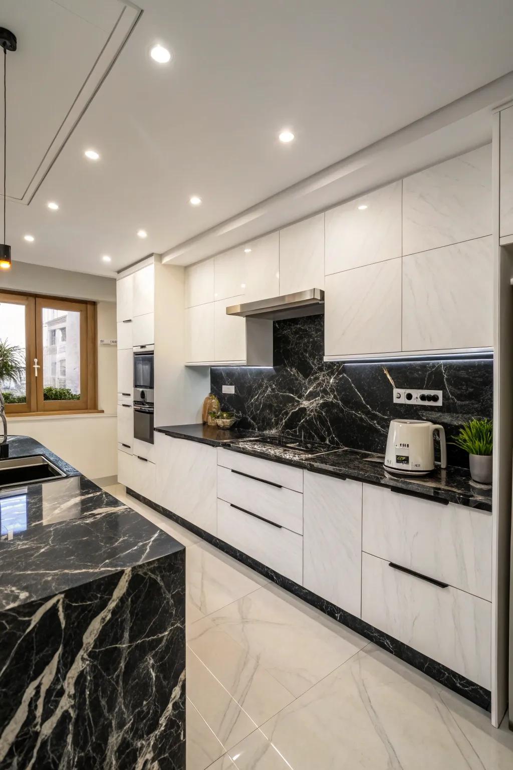 Dark and light granite creates a striking contrast in your kitchen.