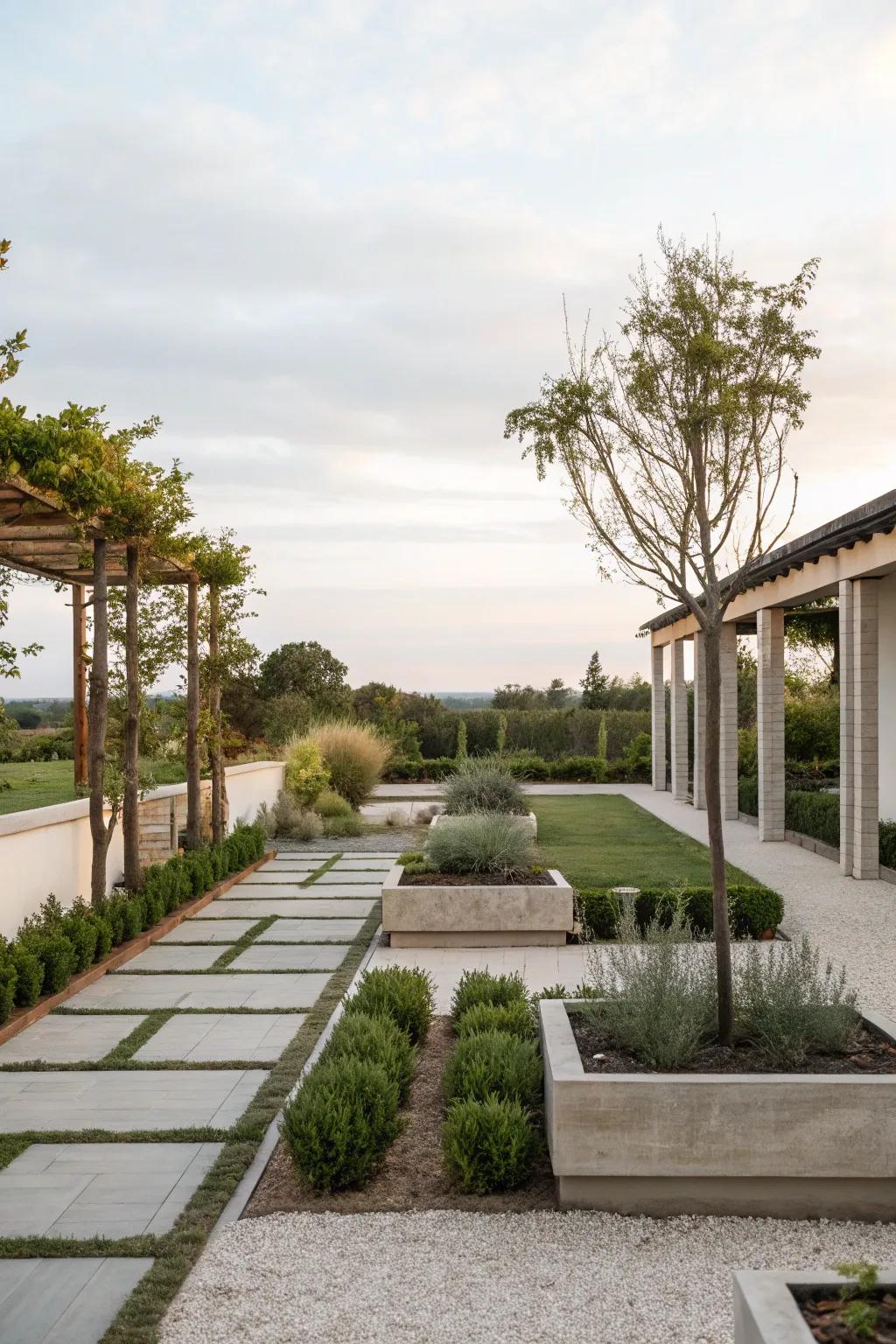 Gardens with a minimalist design offer a calm retreat.