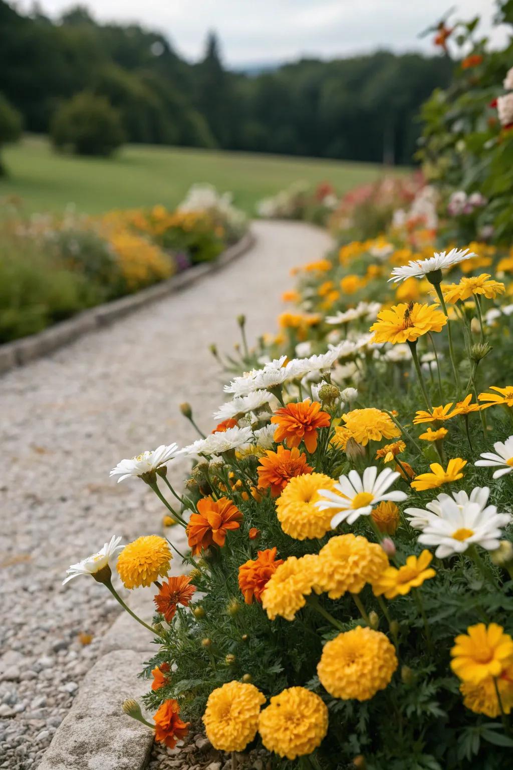 A vibrant blend of flowers in a pebble flower bed