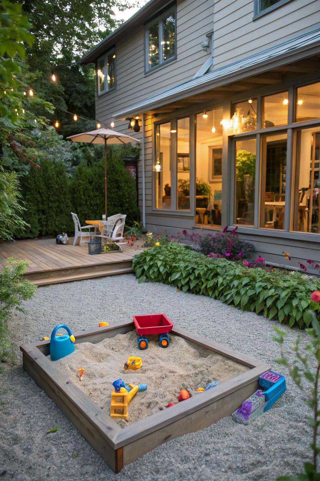 A family-oriented gravel patio with a designated youth space.