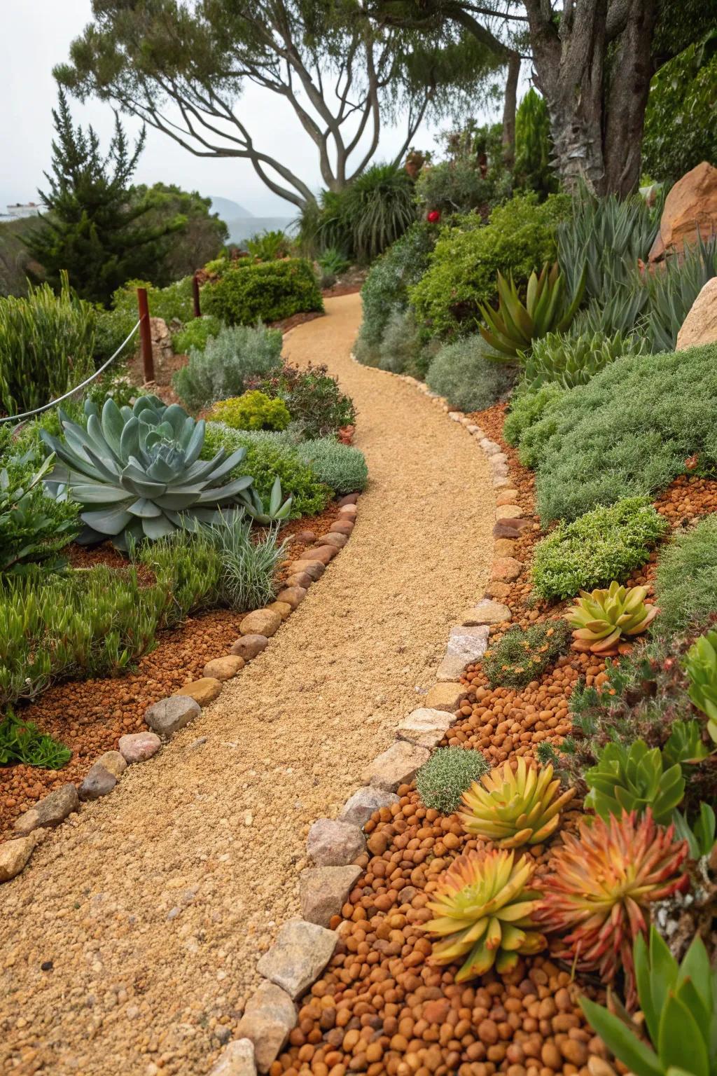 A gravel path with warm-toned gravel complementing a succulent garden