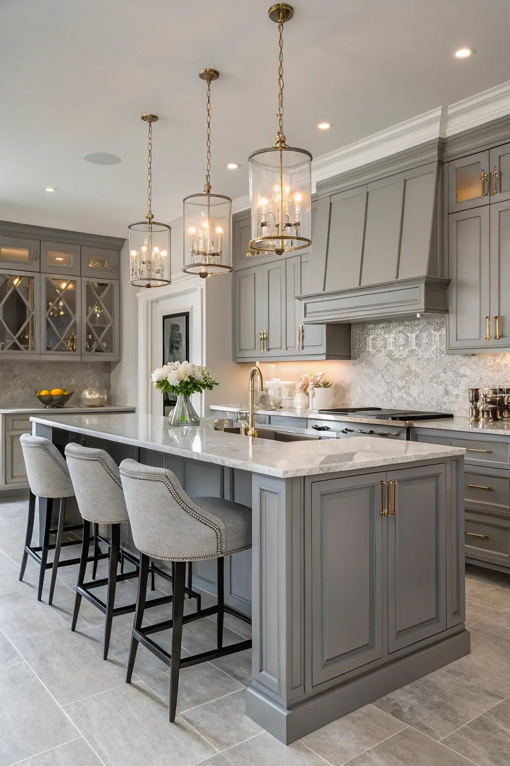 Stylish drop lighting elevates the sophistication of gray cabinets.