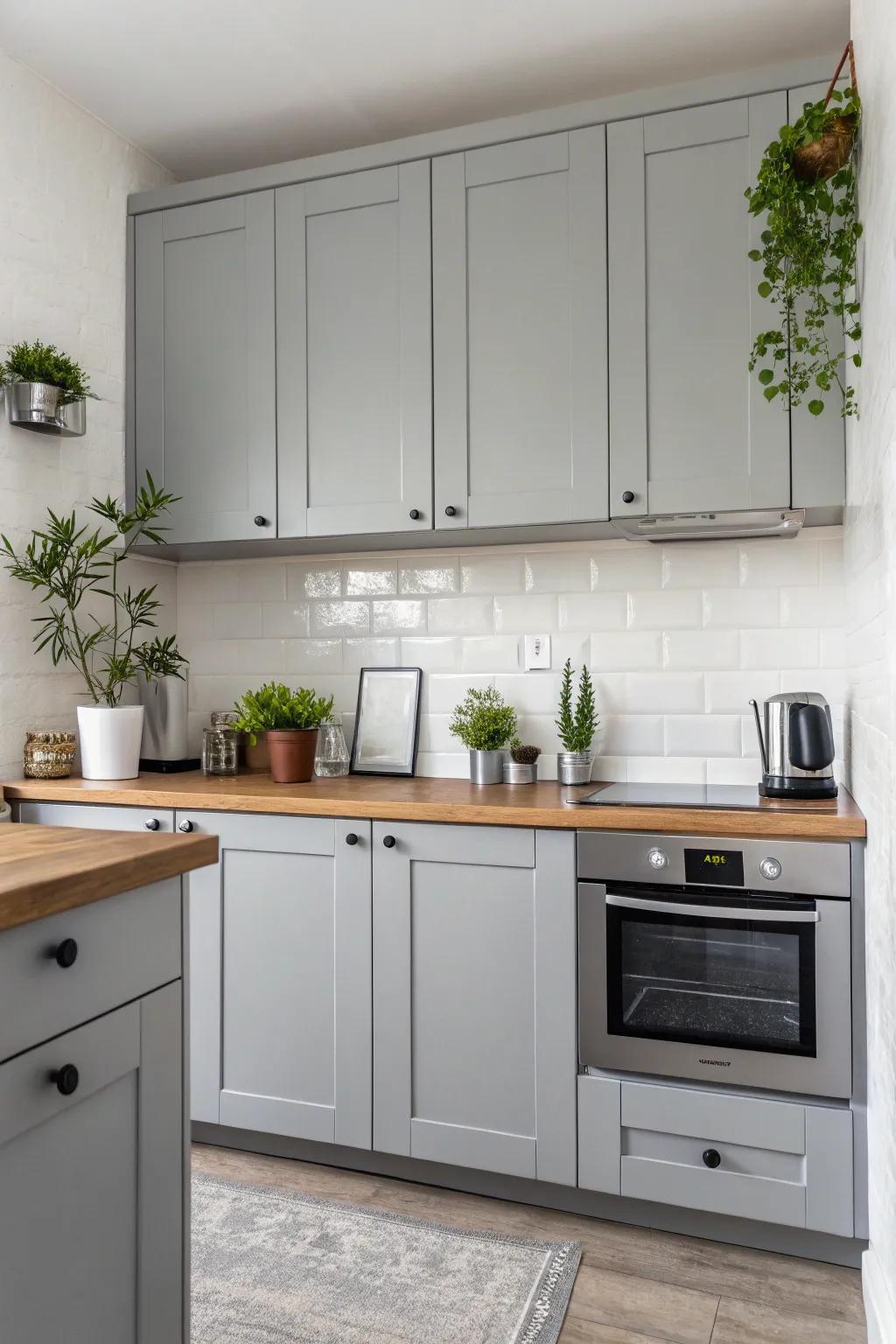 Low-key decoration enhances the tranquil ambiance of a gray cooking area.