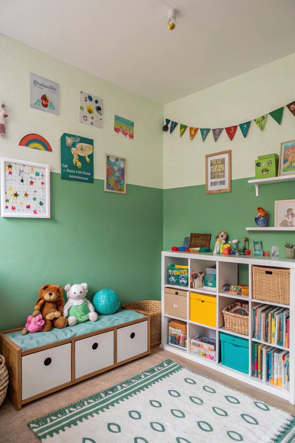 This children's room is made playful with a dual-tone green wall.