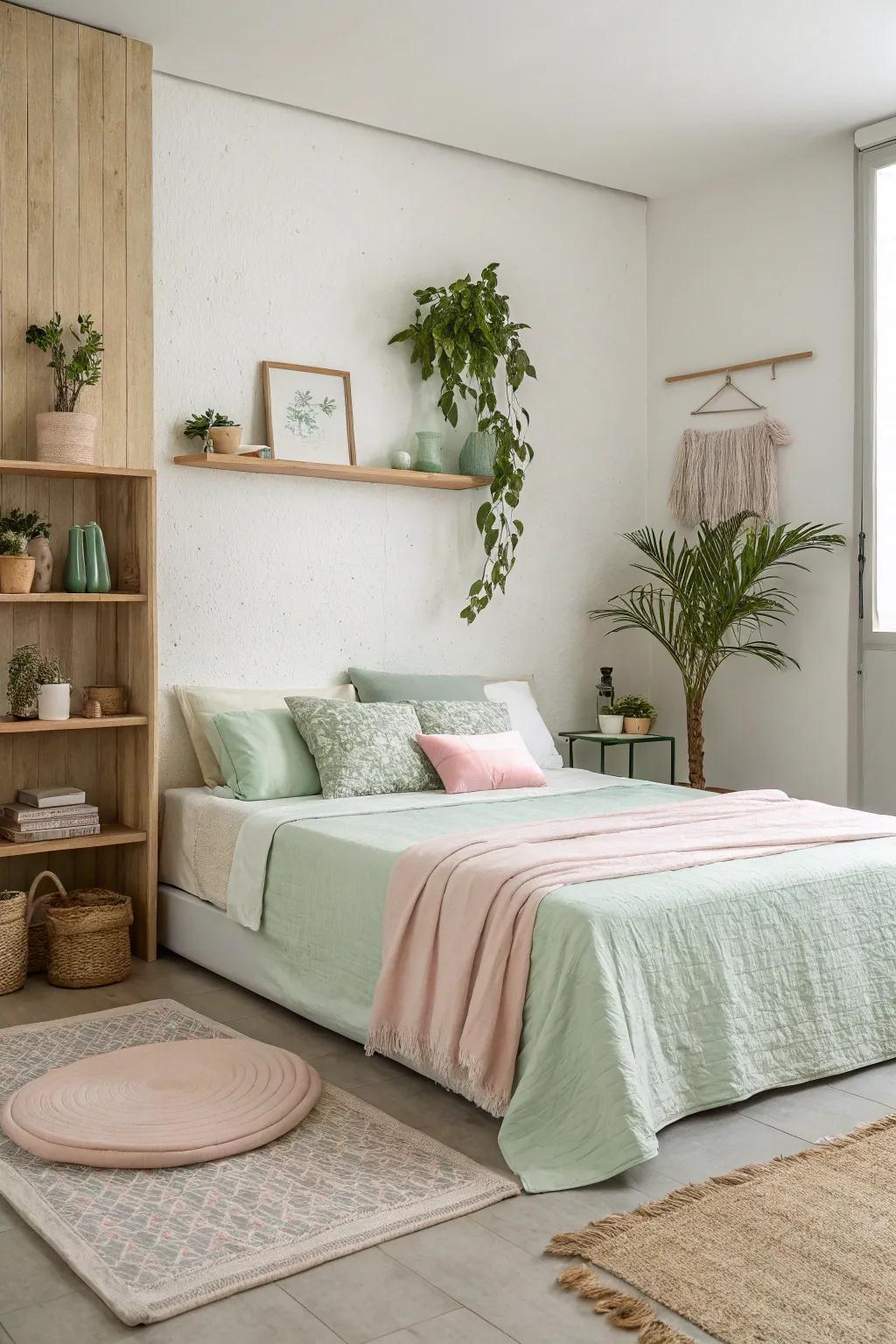Minimalist design featuring verdant and rosy accents is both refined and straightforward.