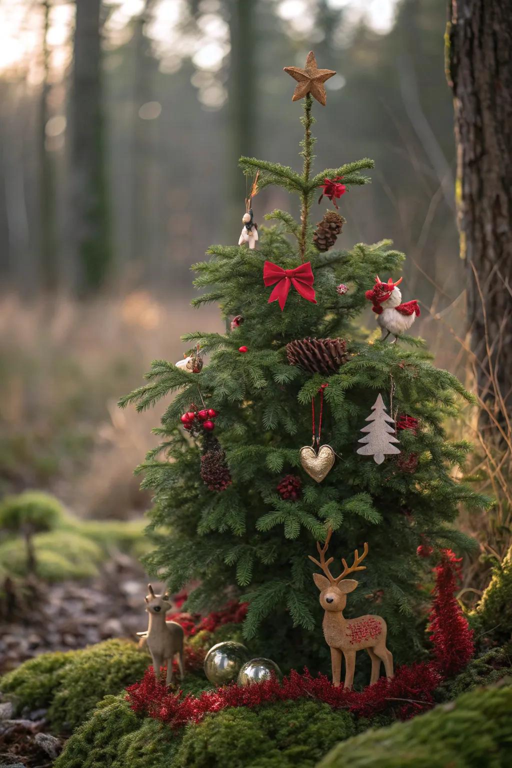 A whimsical woodland-themed Christmas tree accented with red and green decorations.