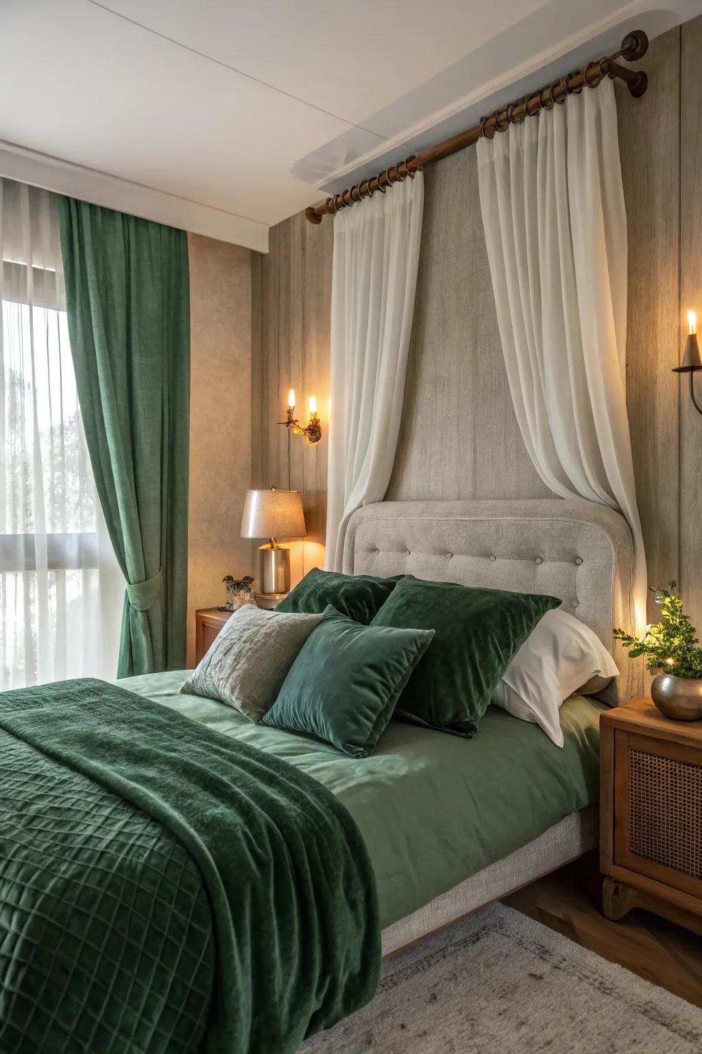 Layered fabrics in green add coziness and texture to the bedroom.