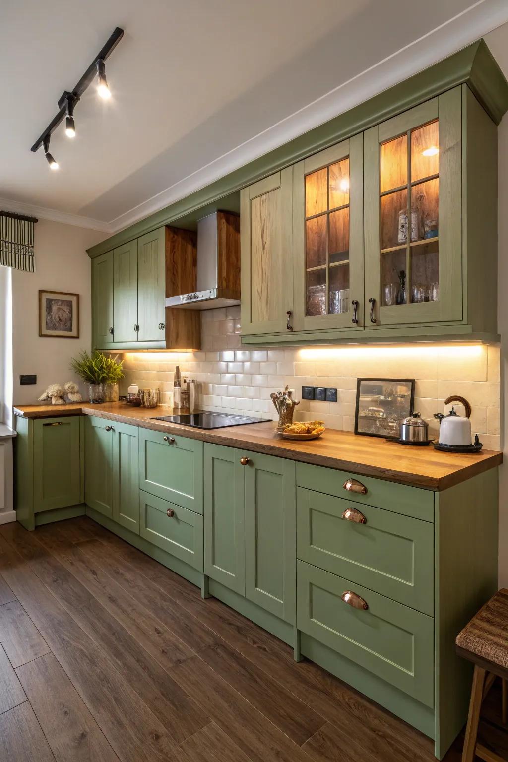 Fashionable kitchen featuring two-tone cabinets and ambient lighting.