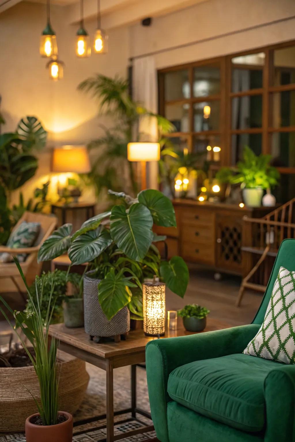 Warm illumination exquisitely accentuates the verdant interior decor.