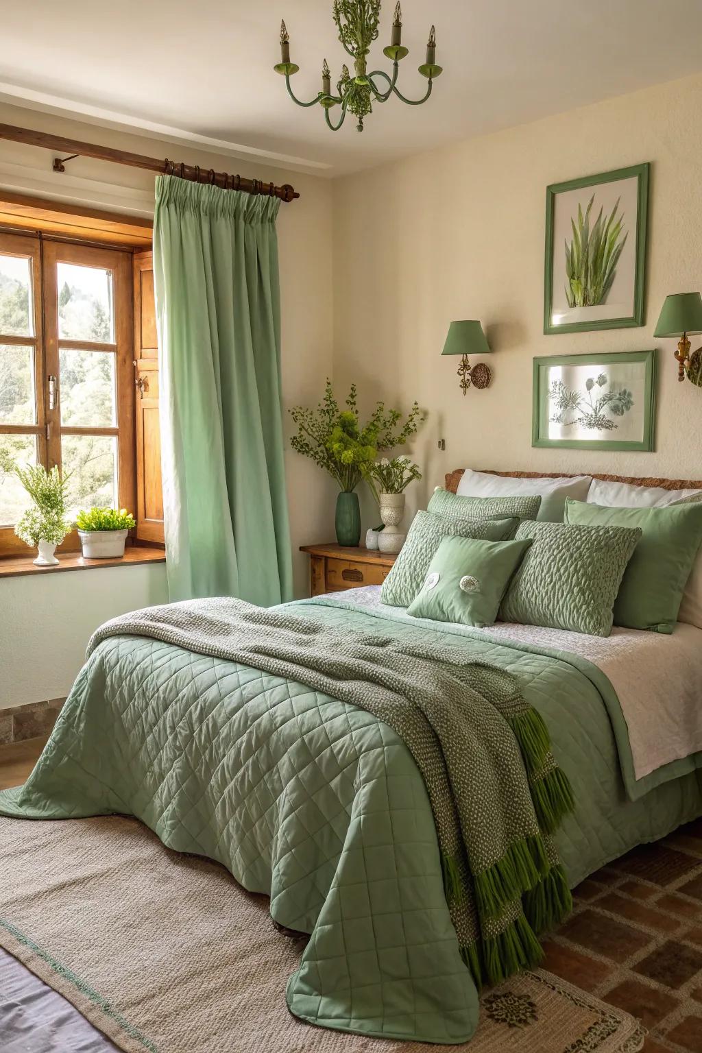 A lively bedroom displaying verdant cloths that introduce a fresh element.