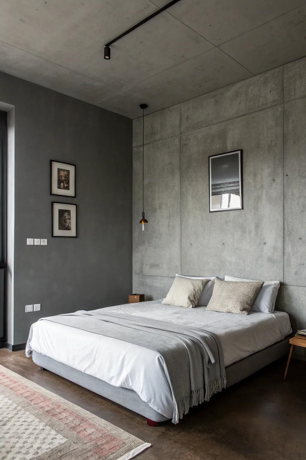 A minimalist room displaying a grey focal wall.