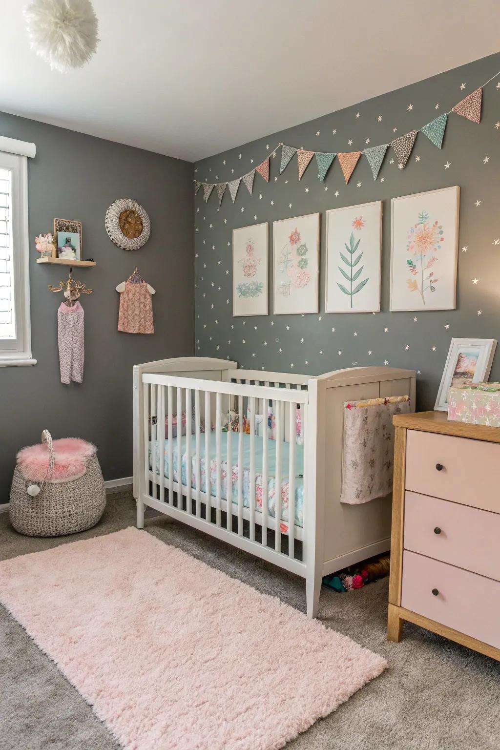 A nursery with a grey accent wall and pastel accents.