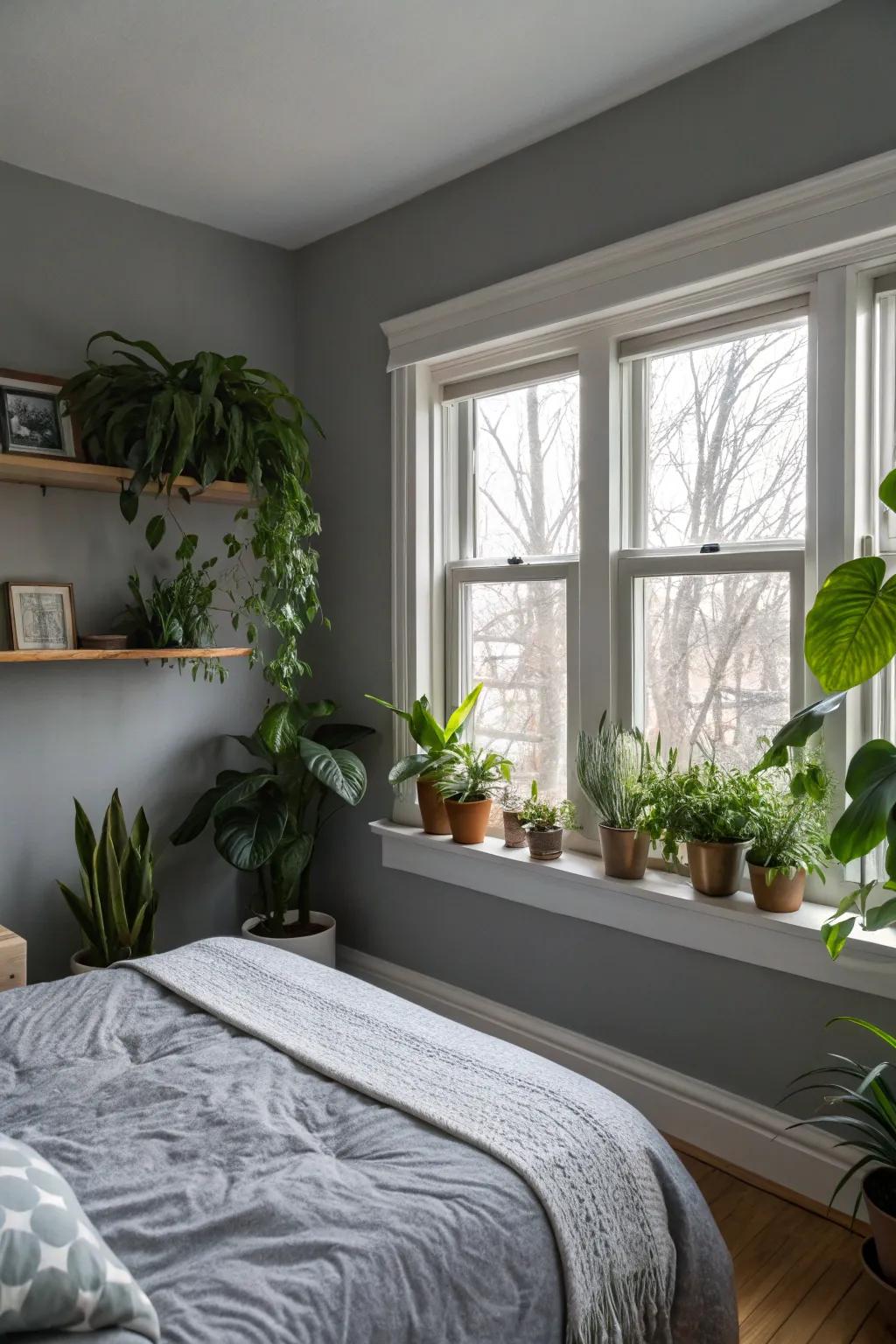 Indoor plants enliven a grey personal space.