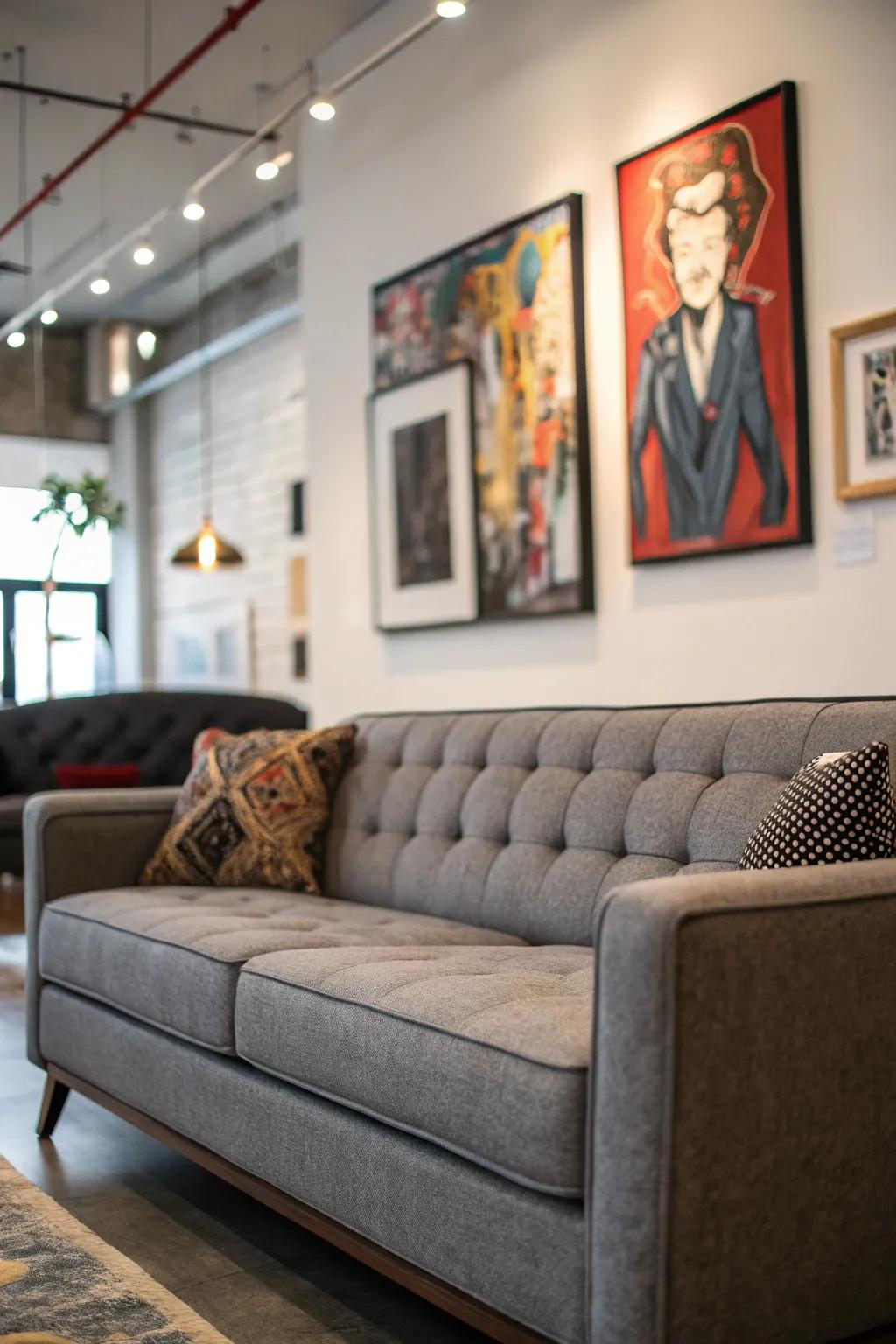 A striking artwork elevates the charcoal sofa setting.