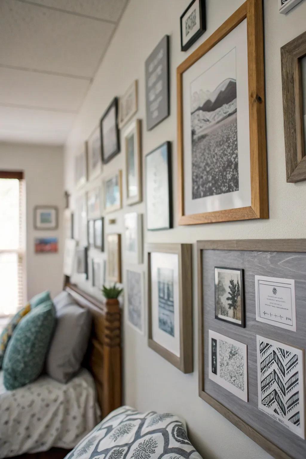 Create a personal art display in shades of grey.