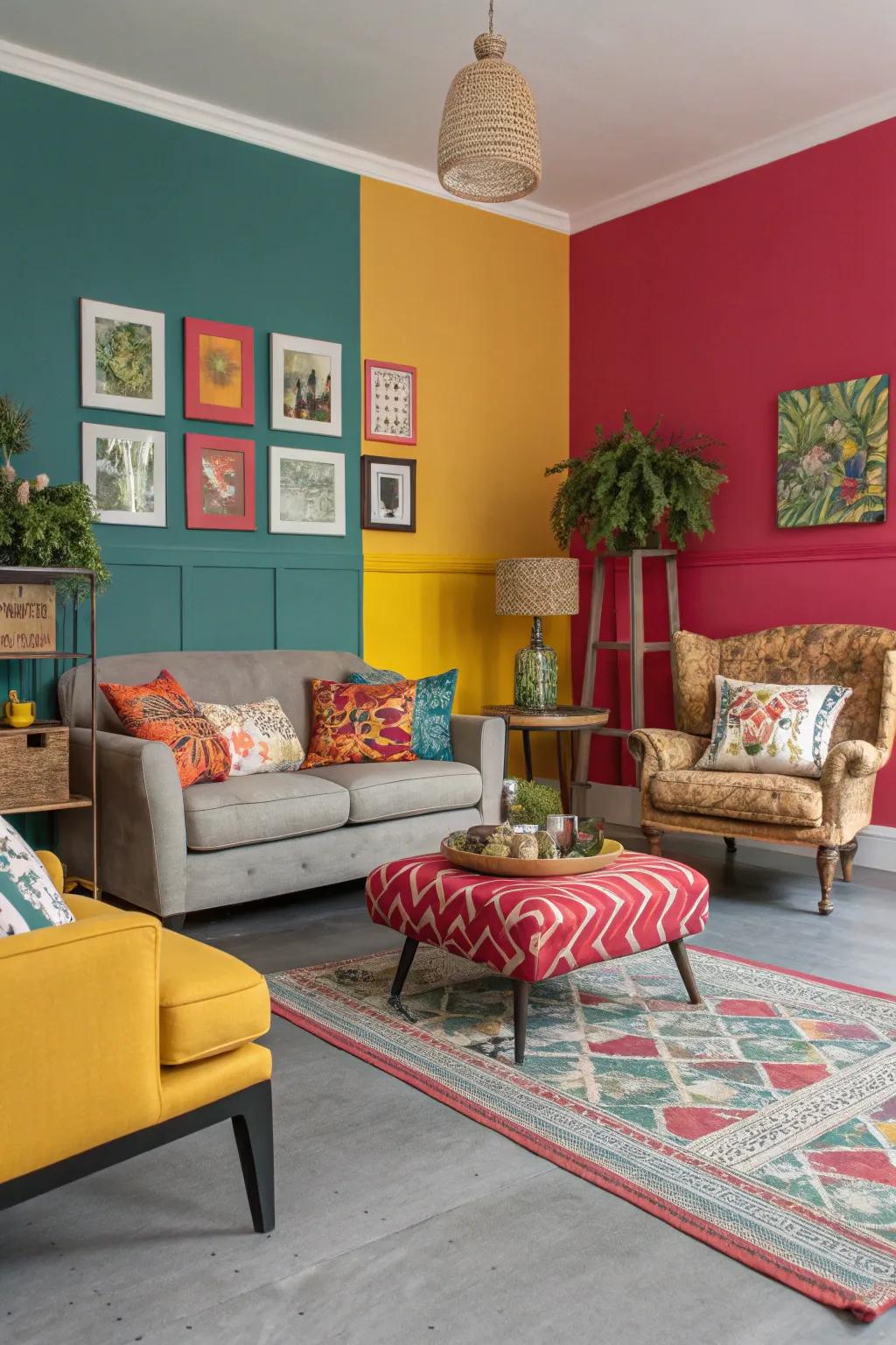 Greyish flooring delivers an ideal backdrop for bold shades in this vibrant living space.