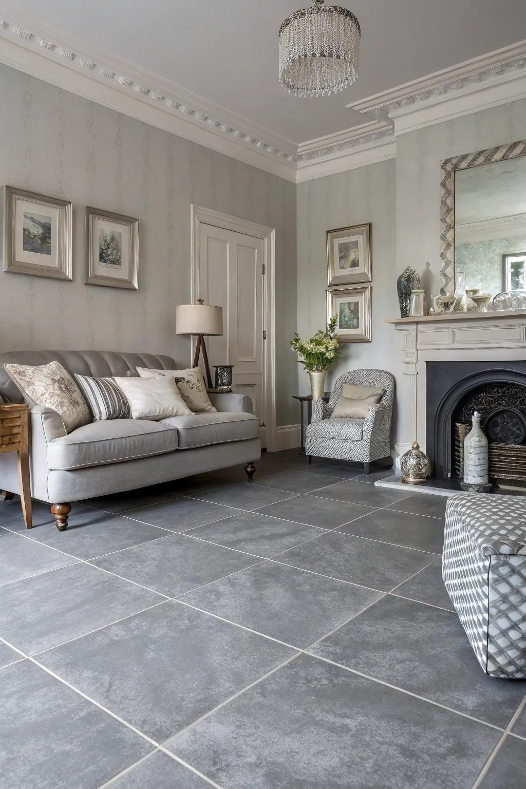 A single-color design brings harmony to grey flooring.