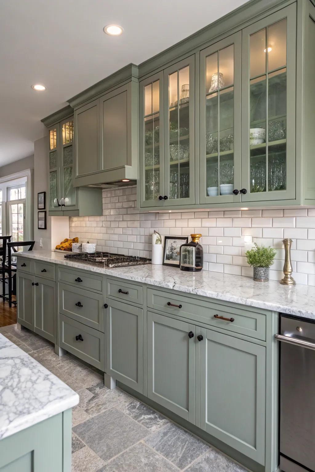 Greenish-gray cabinets with a classic style are always a good choice.
