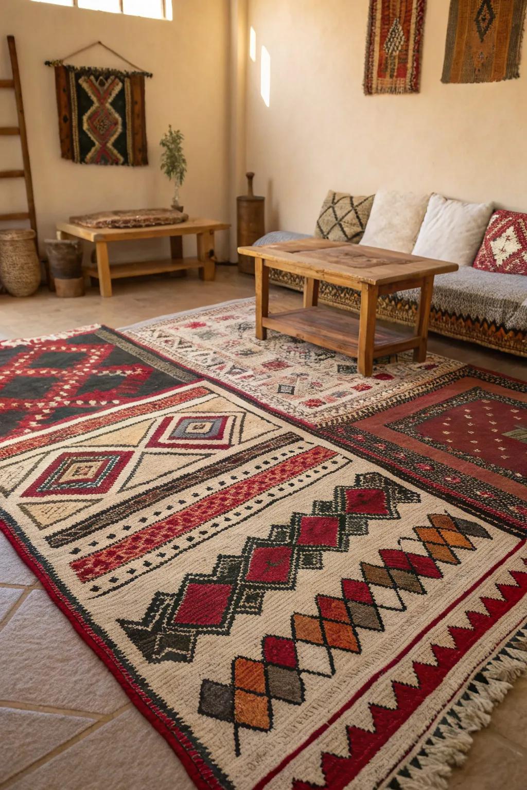 Layered floor coverings deliver texture and visual intrigue.