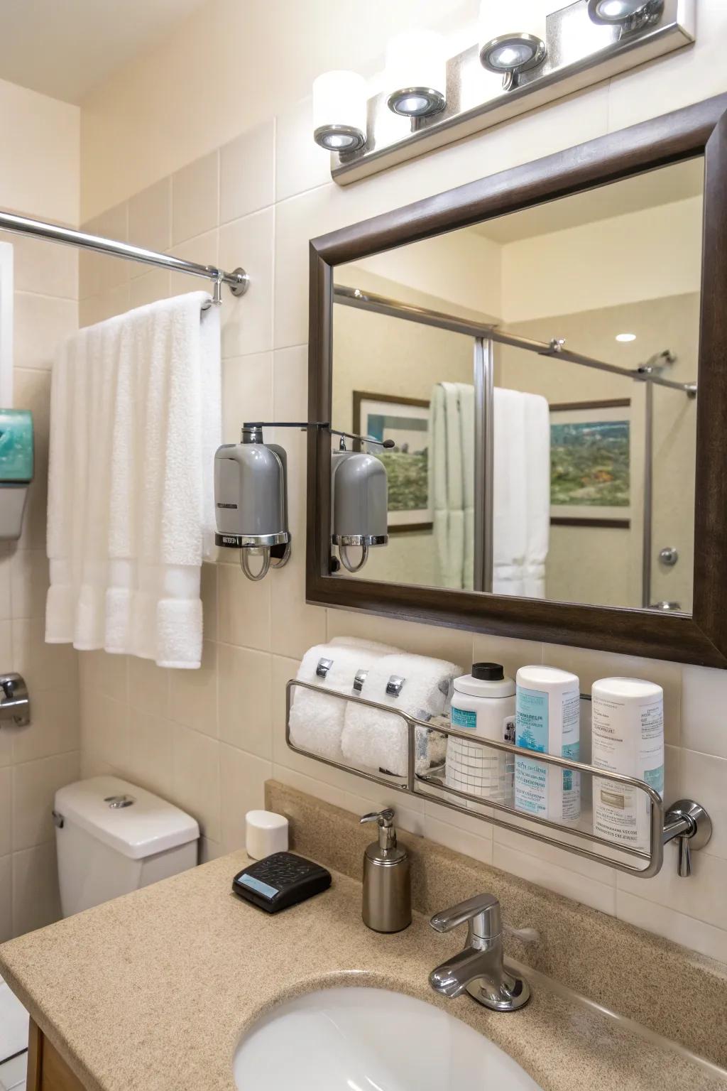 A guest bathroom equipped with practical accessories, combining usefulness with style.