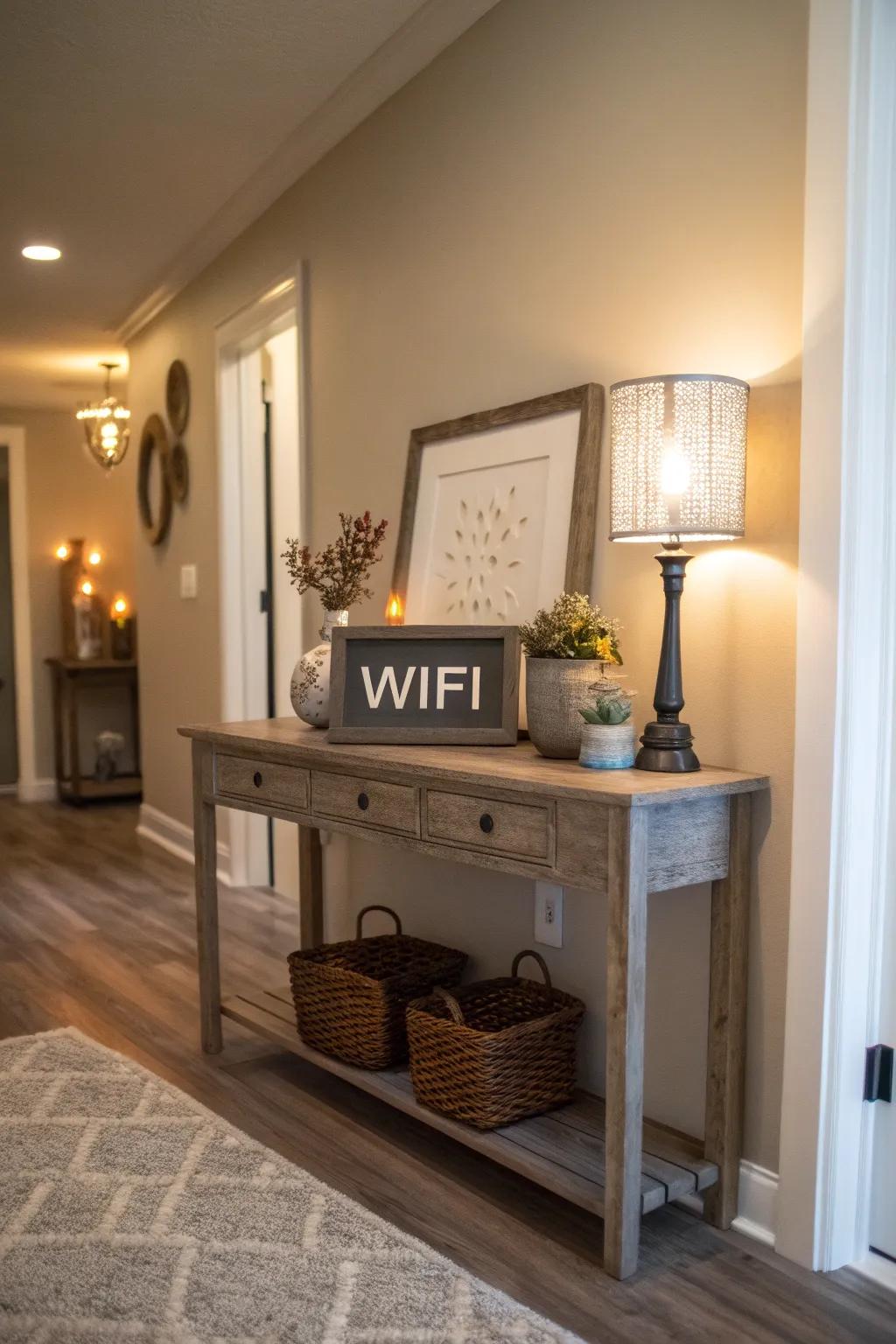 A WiFi sign complemented by a heartfelt welcome message in an inviting entry.