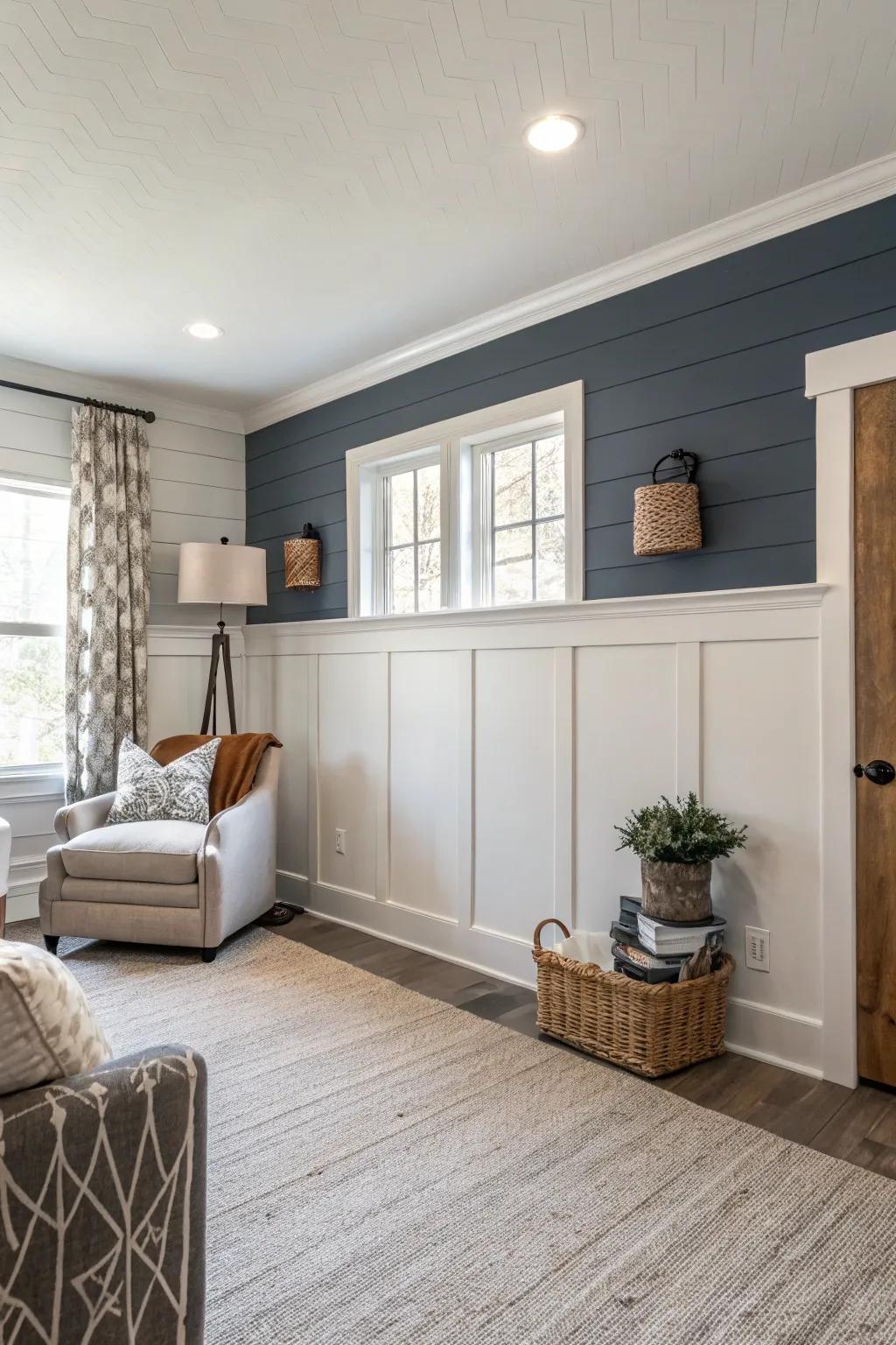 Two-tone walls featuring paneling create an elegant visual contrast.