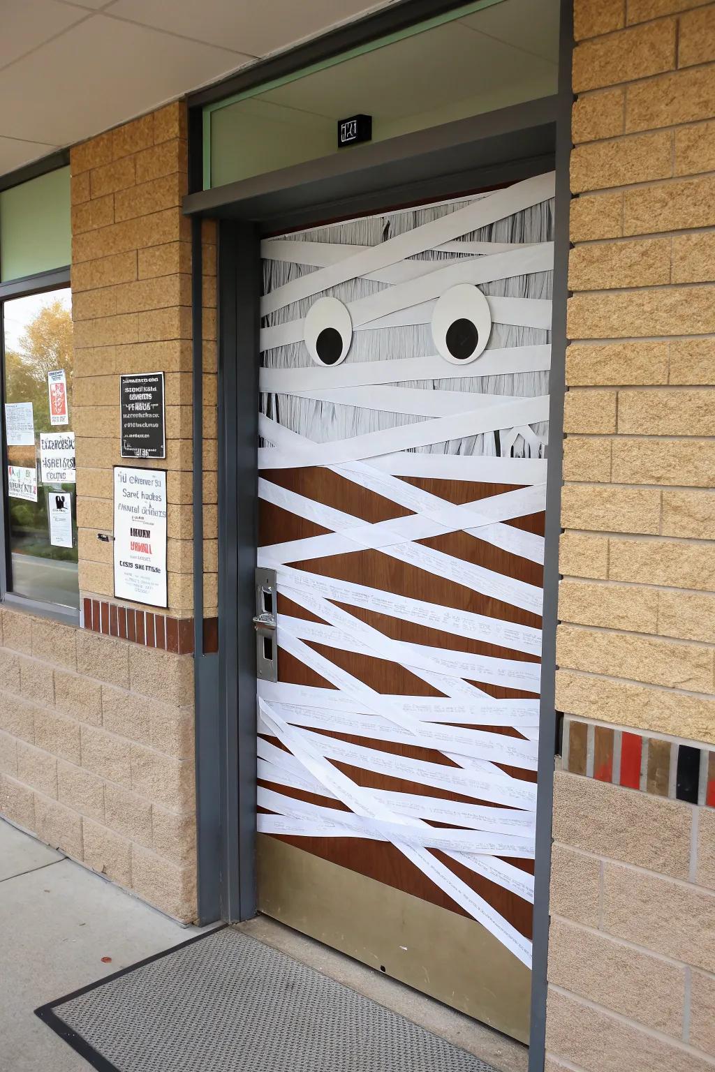 An entrance enshrouded in mummy wrappings, adorned with googly eyes for a whimsical flourish.