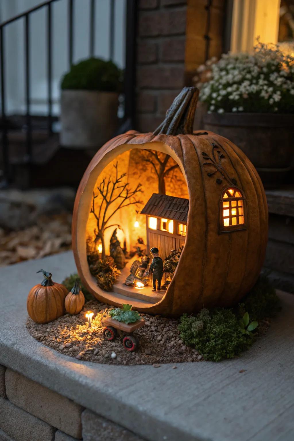 A pumpkin mini-scene offers a whimsical world inside.