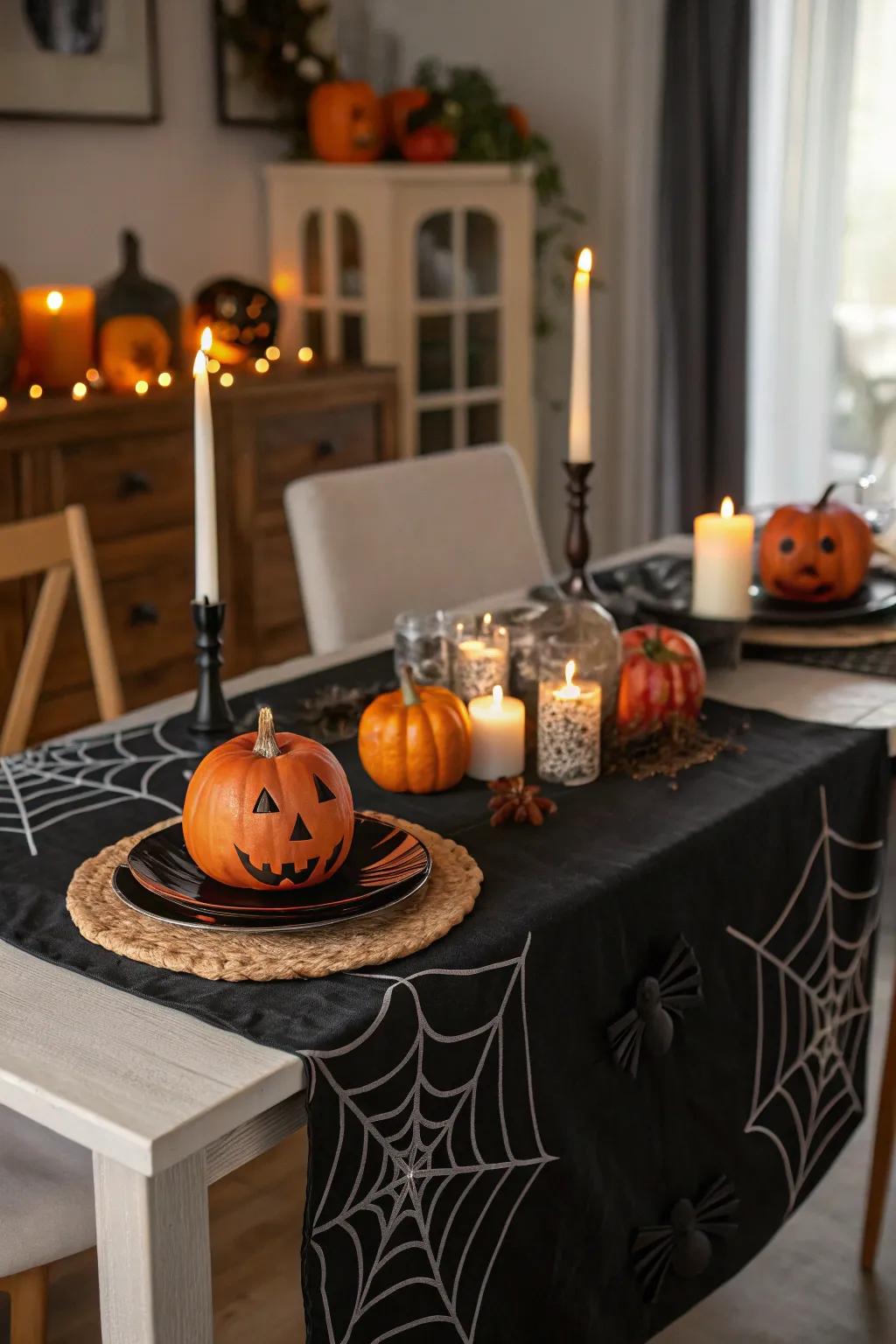A decorative film table linen adds a spooky element to dinner parties.