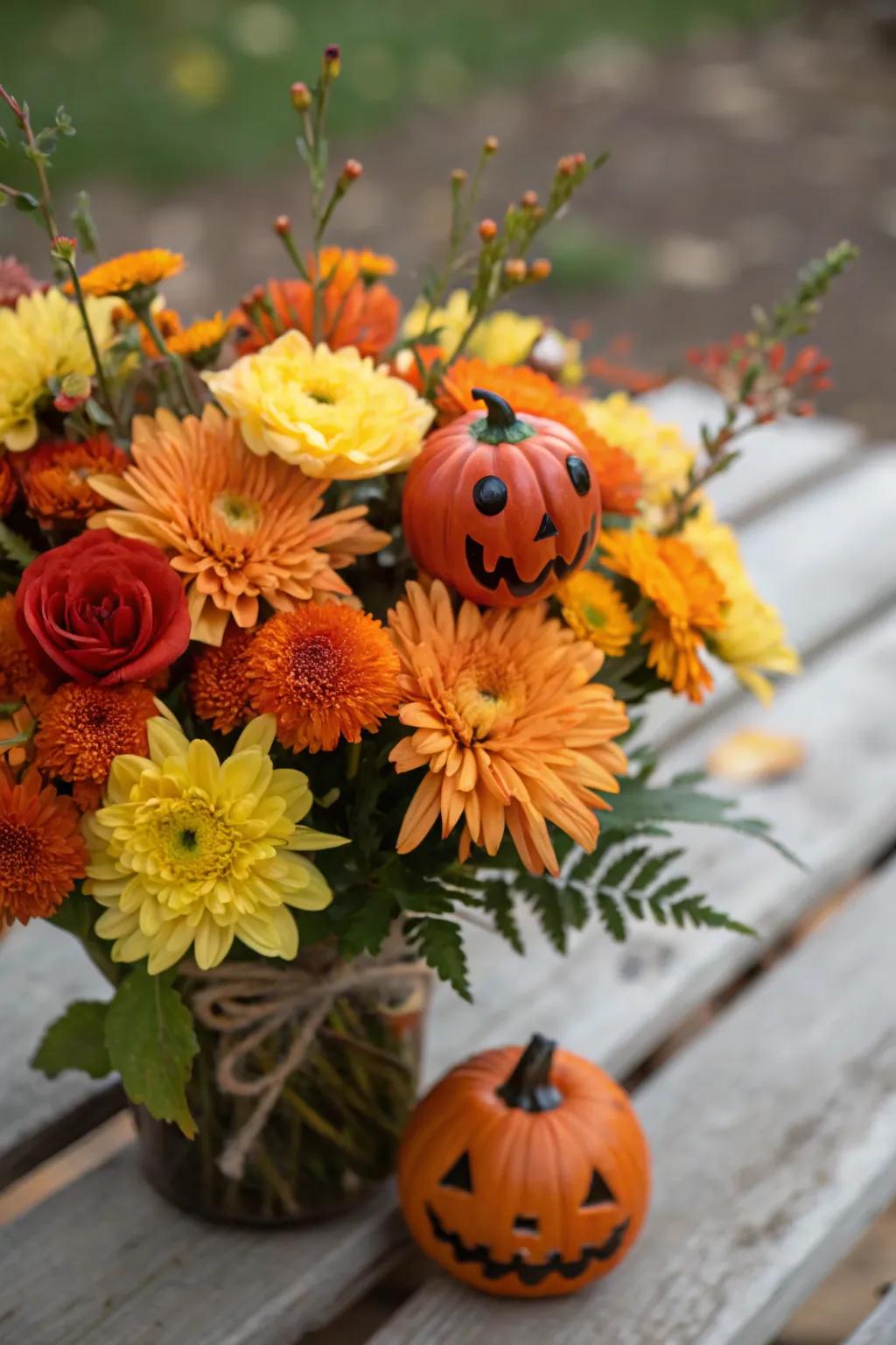 Diminutive Jack-o'-Lanterns contribute a festive flair to flower setups.