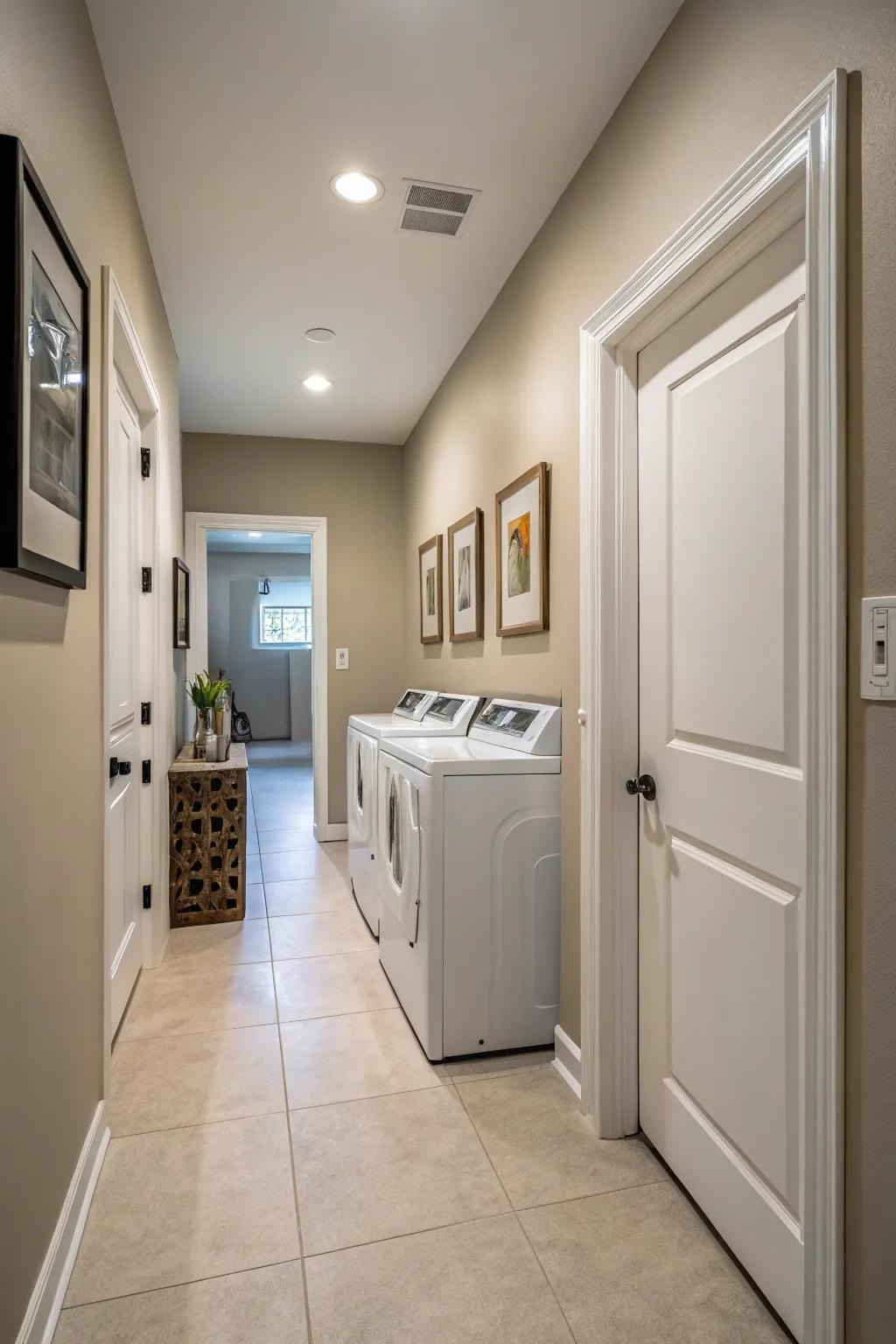 Understated hues foster a serene and expansive feel in a hallway laundry space.