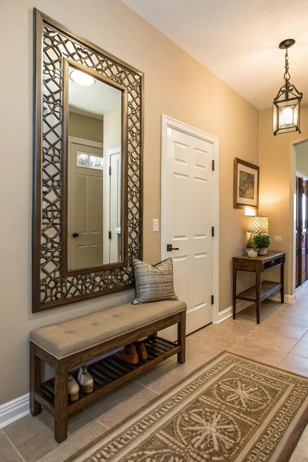A mirror and bench combination offers both style and utility.