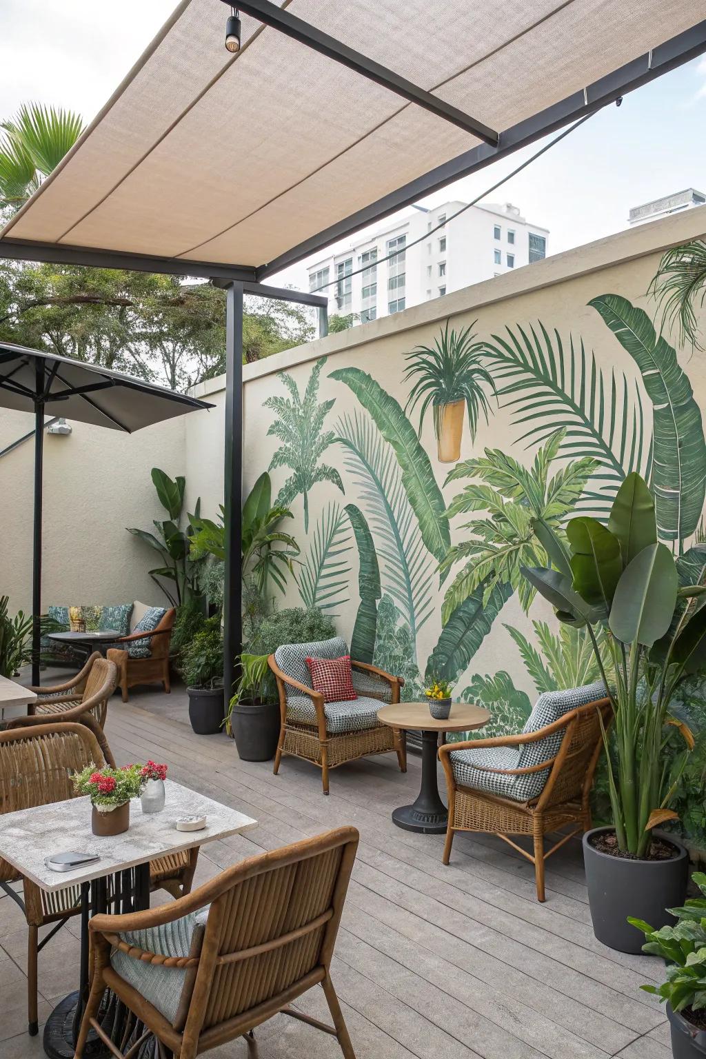 A tropical mural converts this veranda into a restful retreat.
