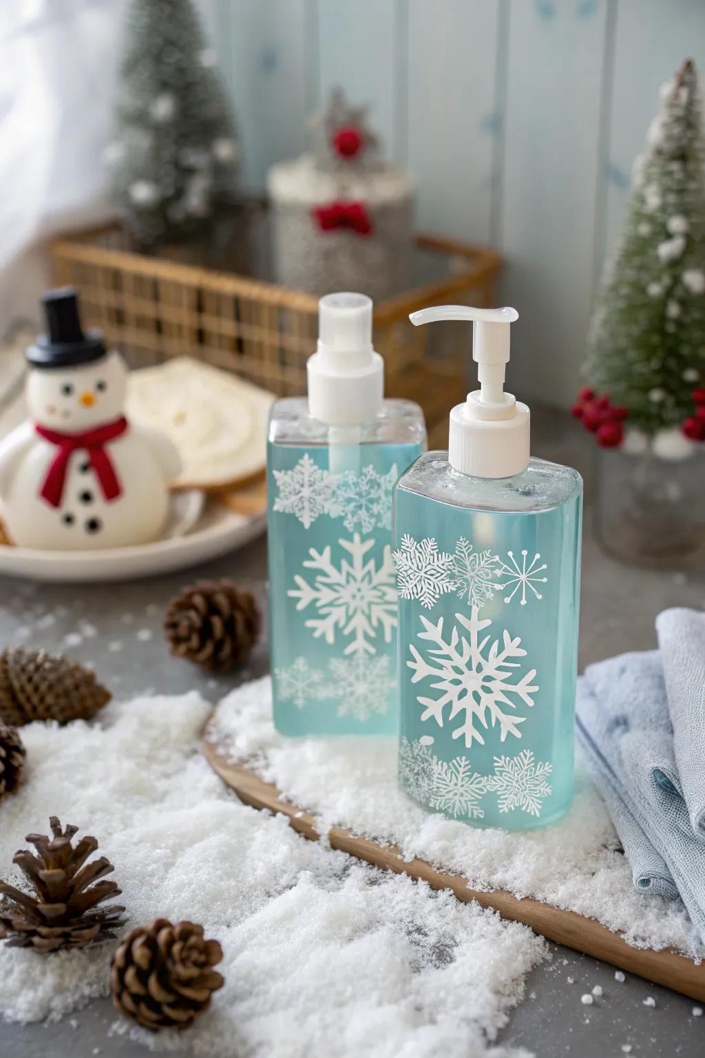 Elegant hand cleanser featuring snowflake designs