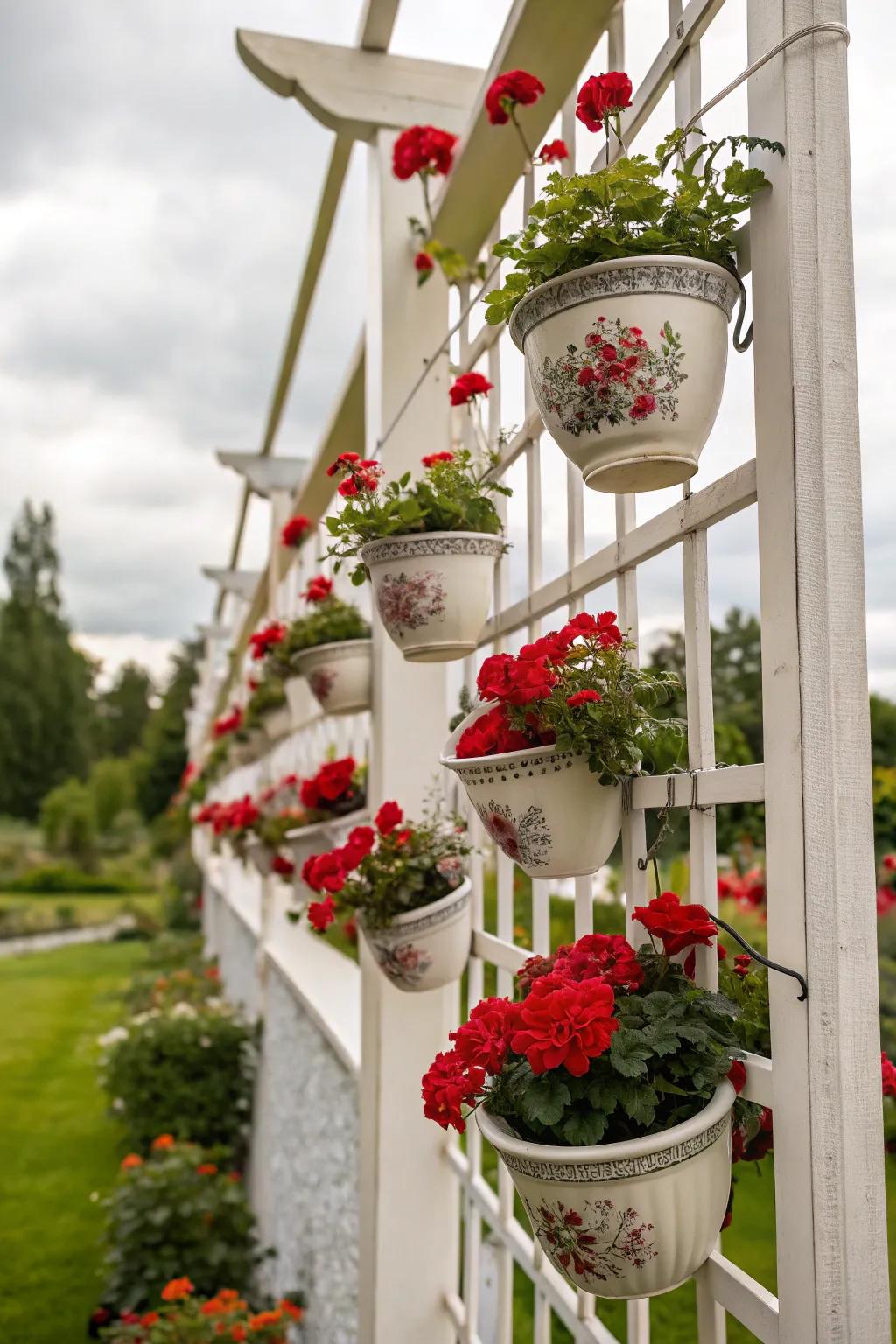 Teacups introduce a whimsical element to geraniums.