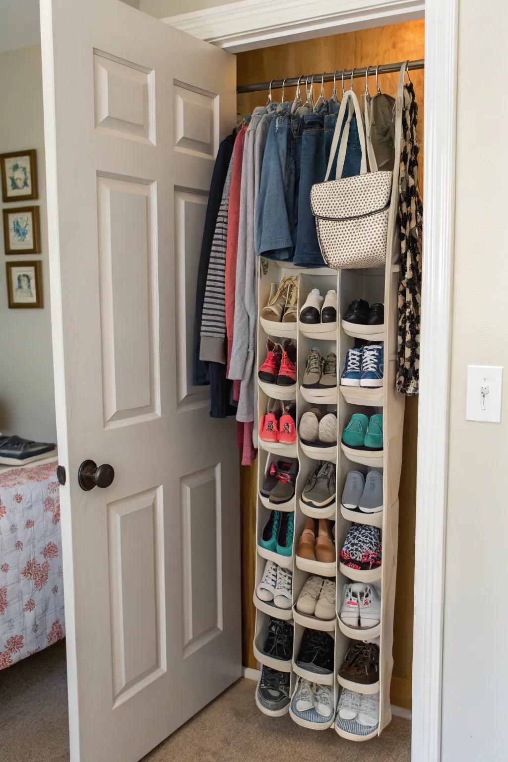 Maintain footwear arranged and easy to reach through a door-hanging arrangement.
