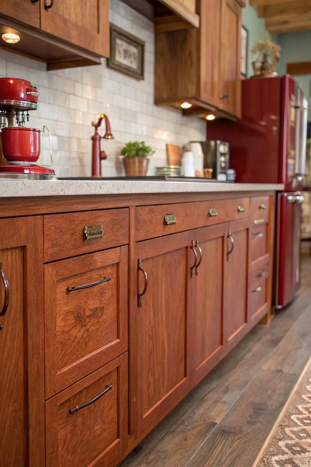 Weathered copper pulls enhance the comfort of cherry wood.