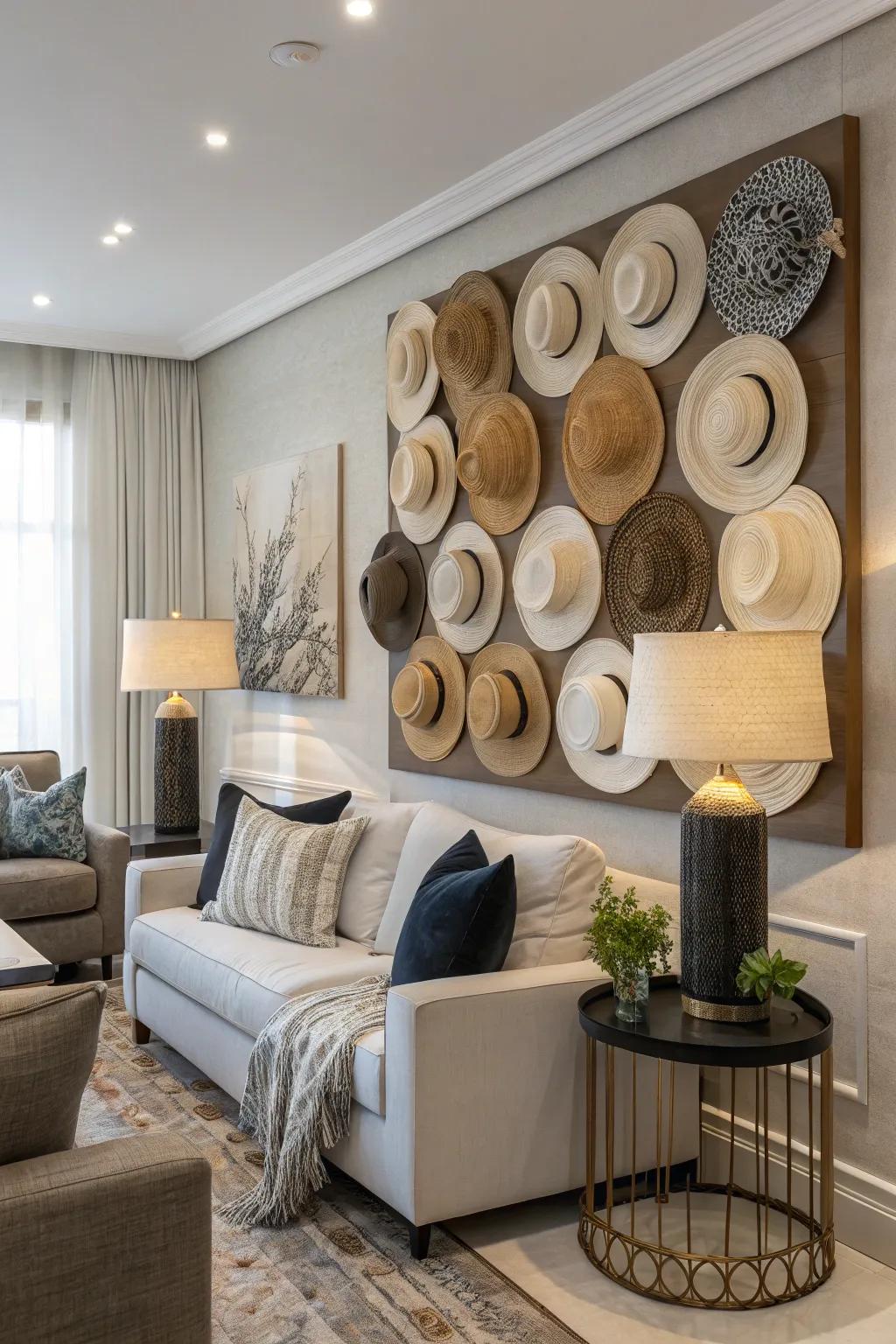 Hats displayed as ornamental wall art.