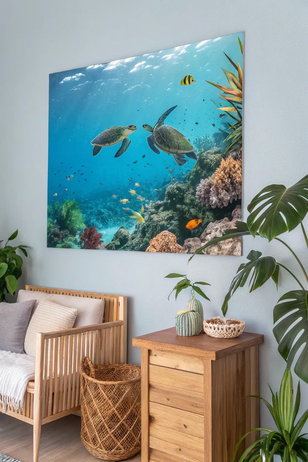 A print displaying Hawaiian marine turtles inside a nature-themed room.
