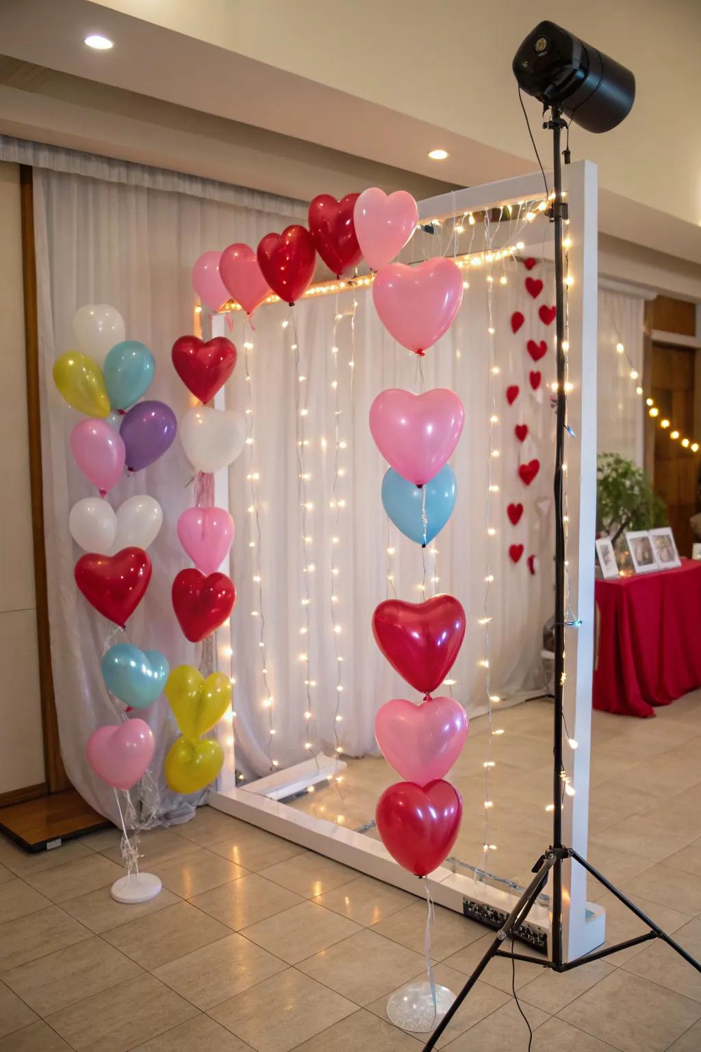 Amusement-laden snapshot booth with heart balloon props.