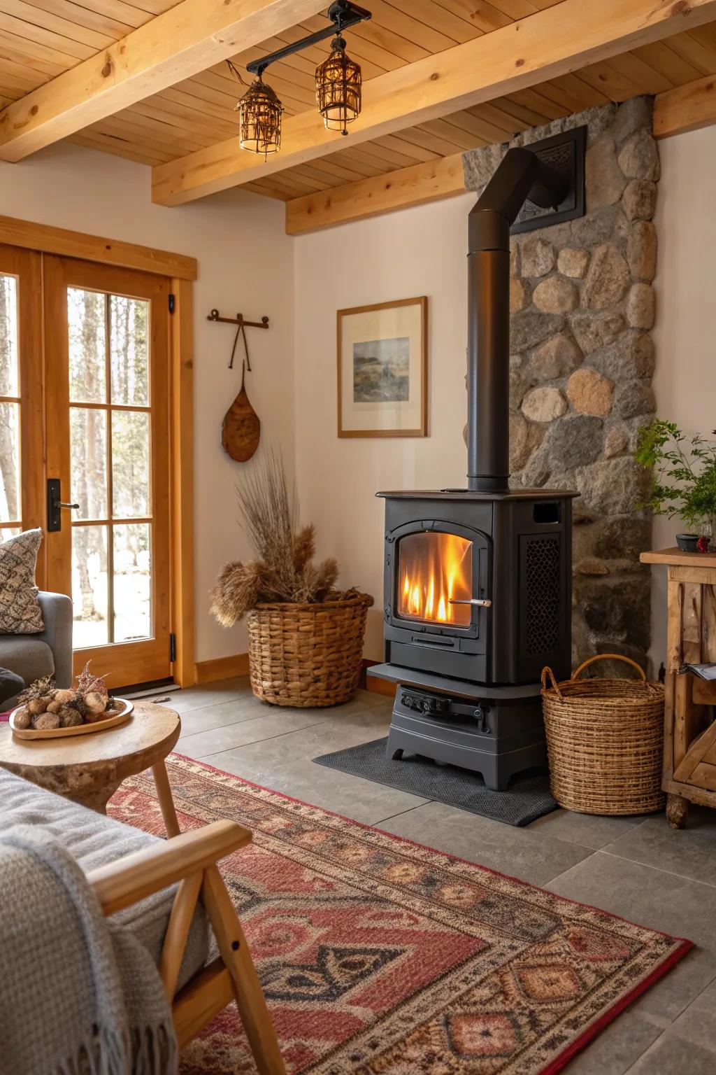 A cozy living room featuring a compressed-wood burner, ideal for sustainable and rustic warming.