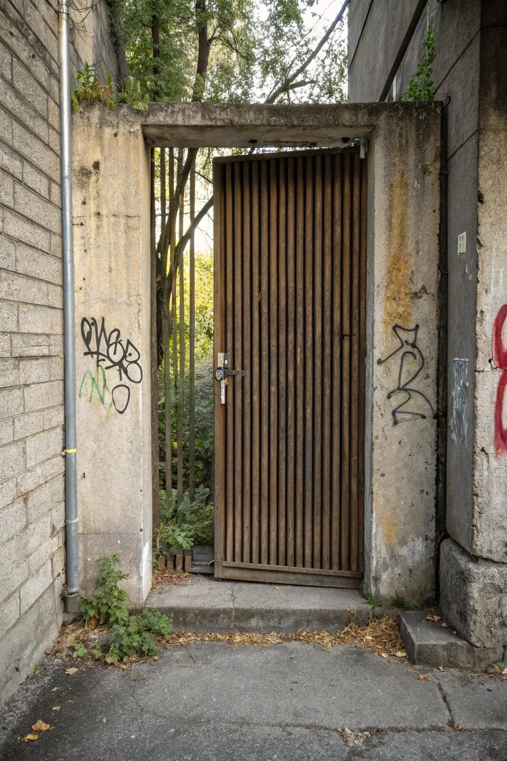 Upright slats disguise a concealed portal in style.