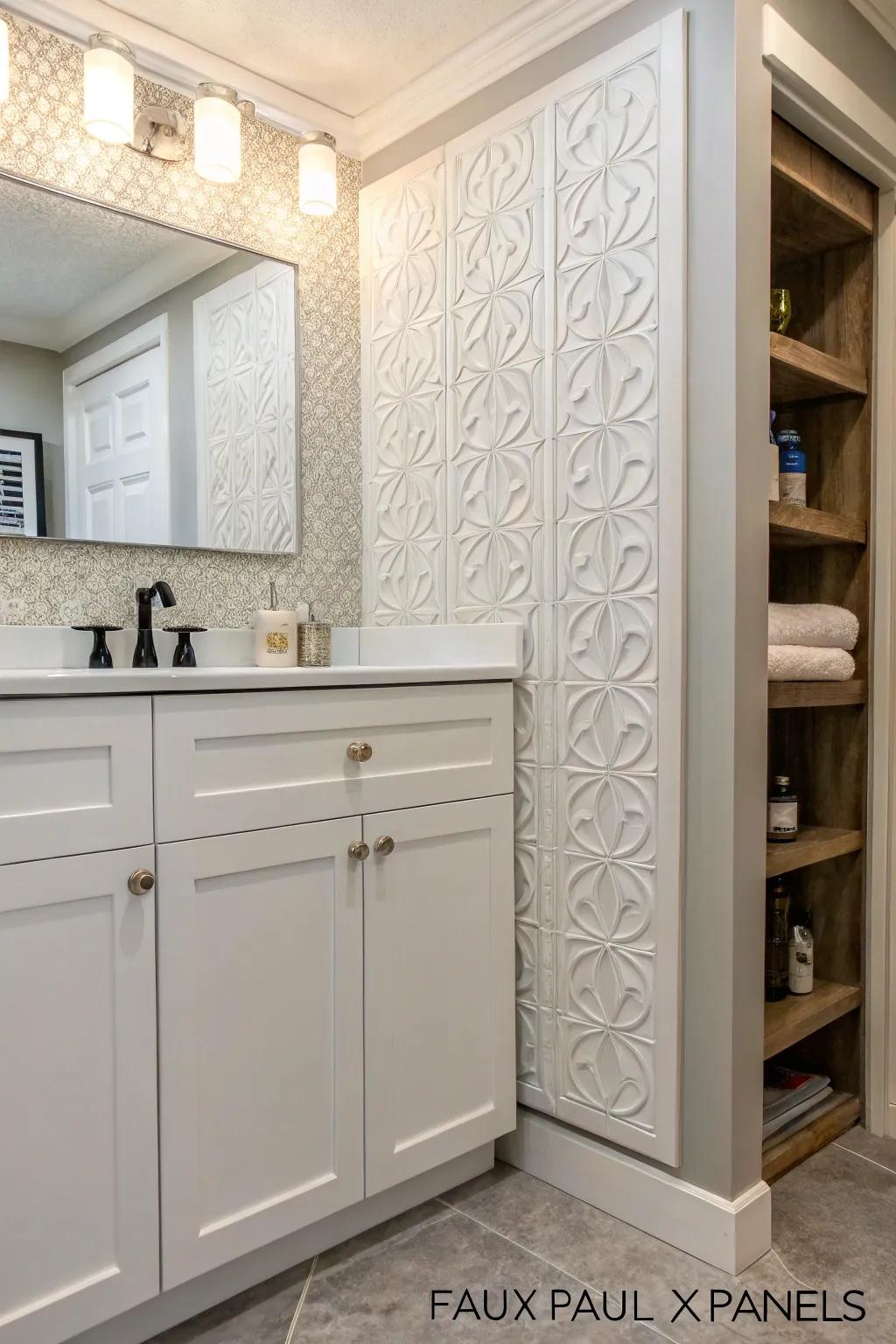 Artificial wall panels concealing a hidden medicine cabinet.