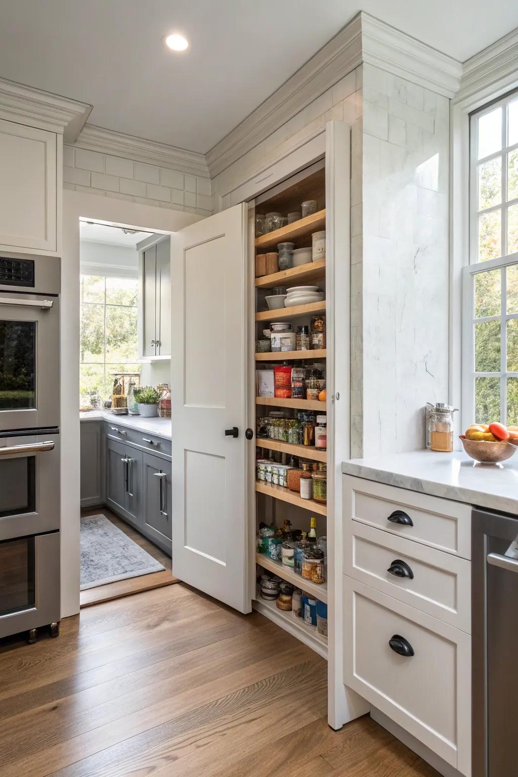 An ambulatory pantry concealed behind a cleverly disguised cooking area threshold.