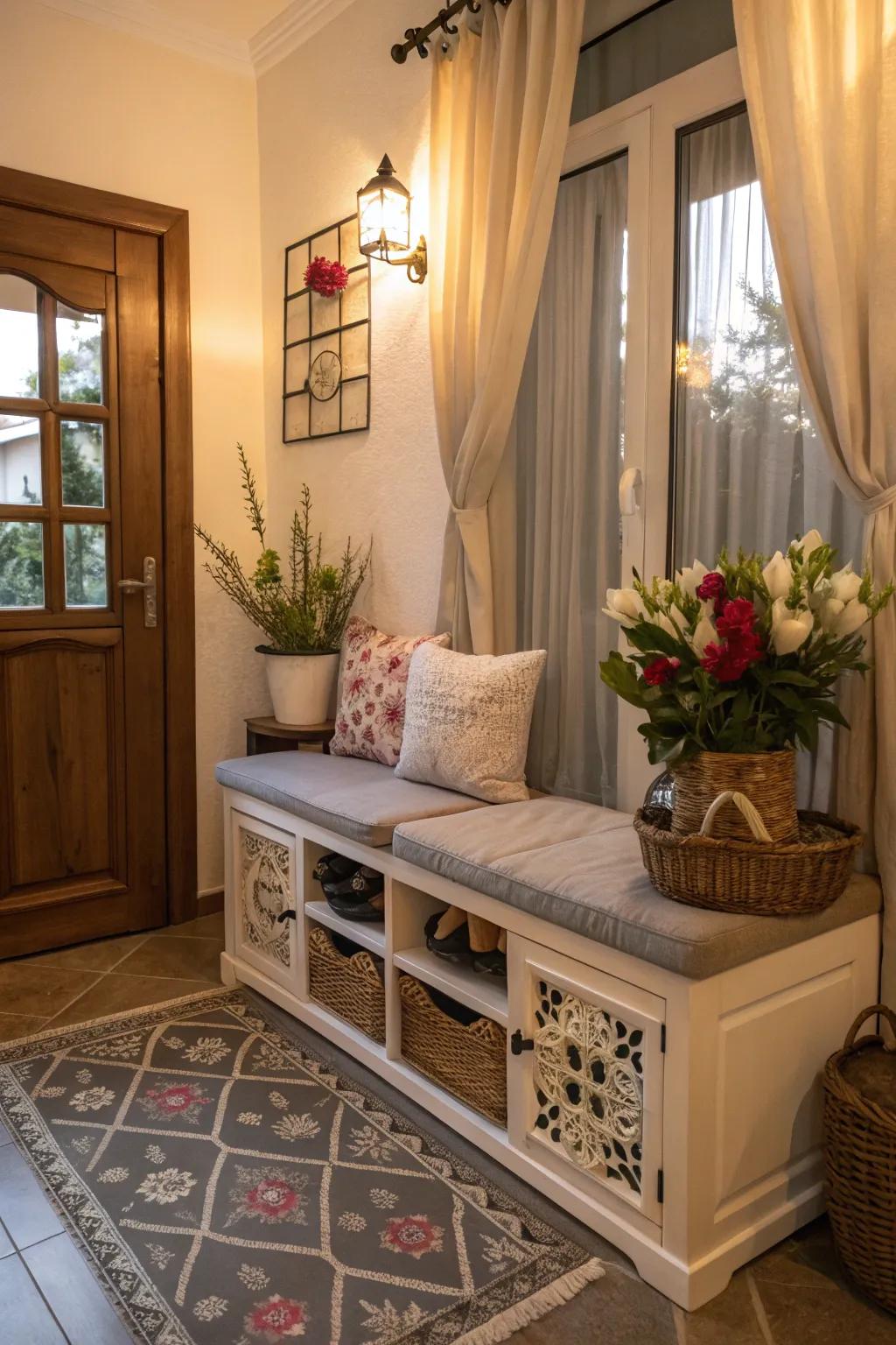 Footwear storage benches offer dual functions for entrances.