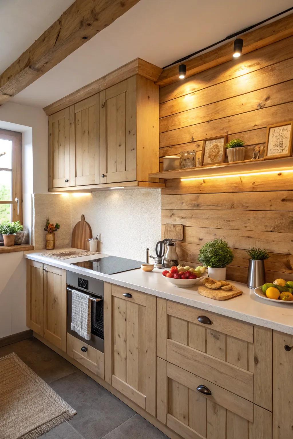 A wooden backsplash adds a cozy and personal touch.